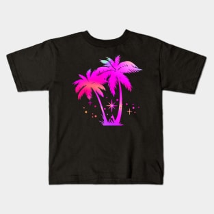 Hot Pink Rainbow Palm Trees With Glitter Stars Kids T-Shirt